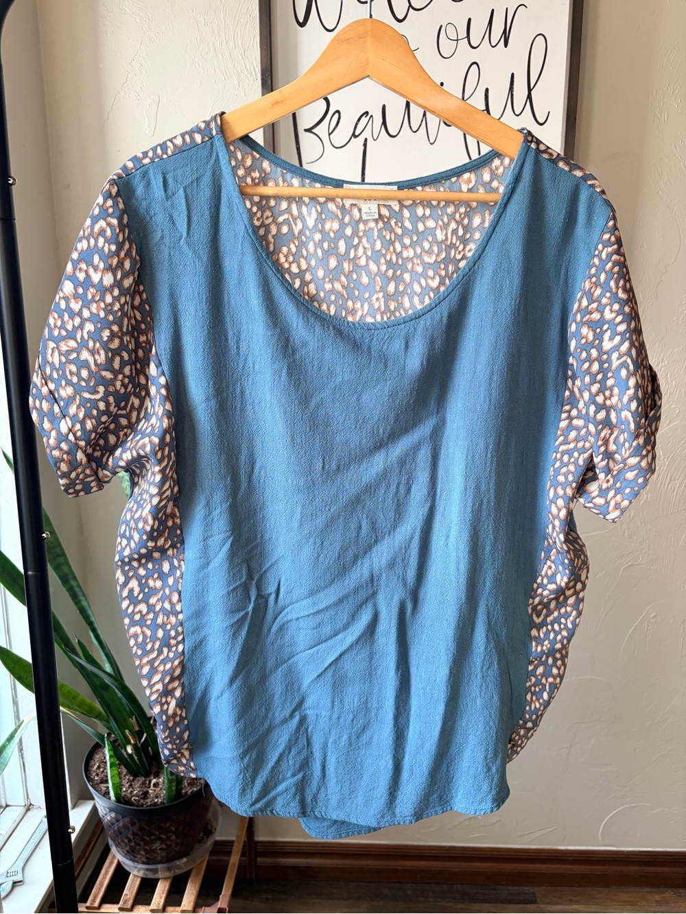 Umgee Blue Scoop Neck Tunic with Leopard-Print Panels